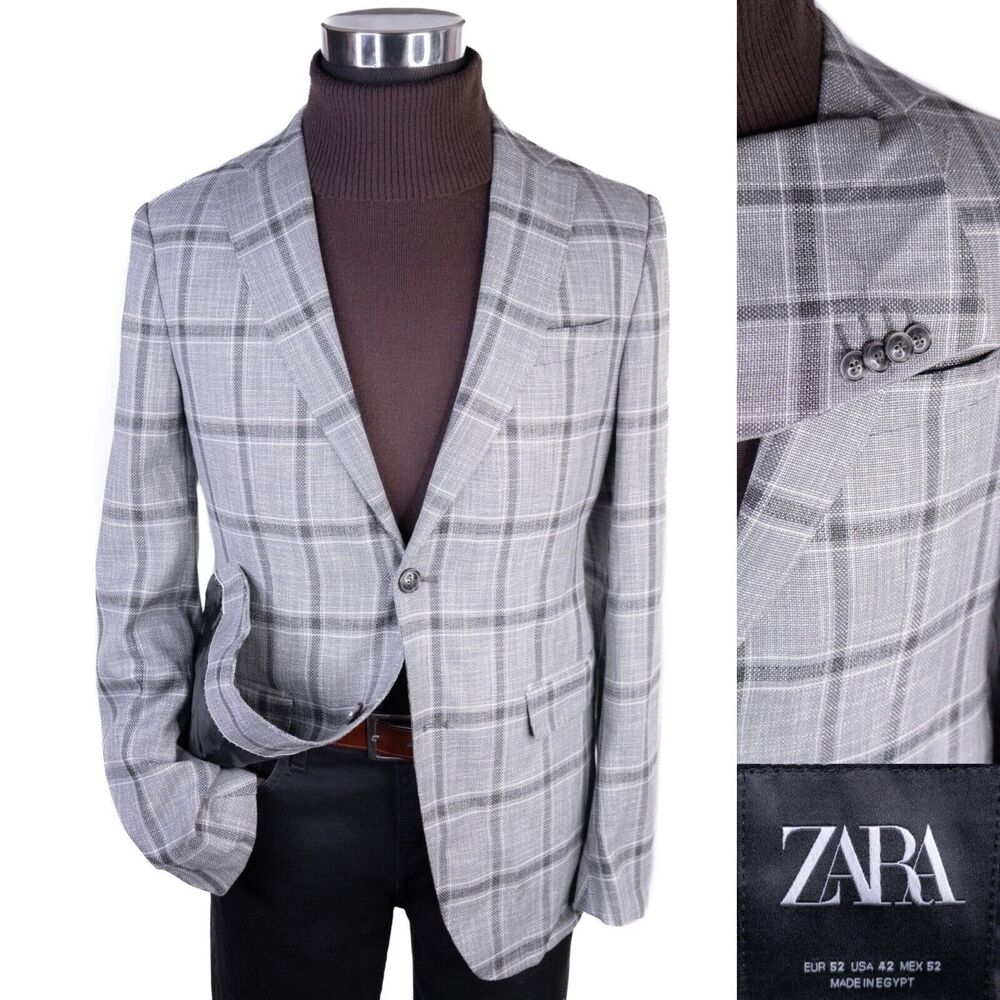 ZARA Sport Coat Jacket Blazer Gray Check 2-Button Sz 42 Single-Vented Poly Blend
